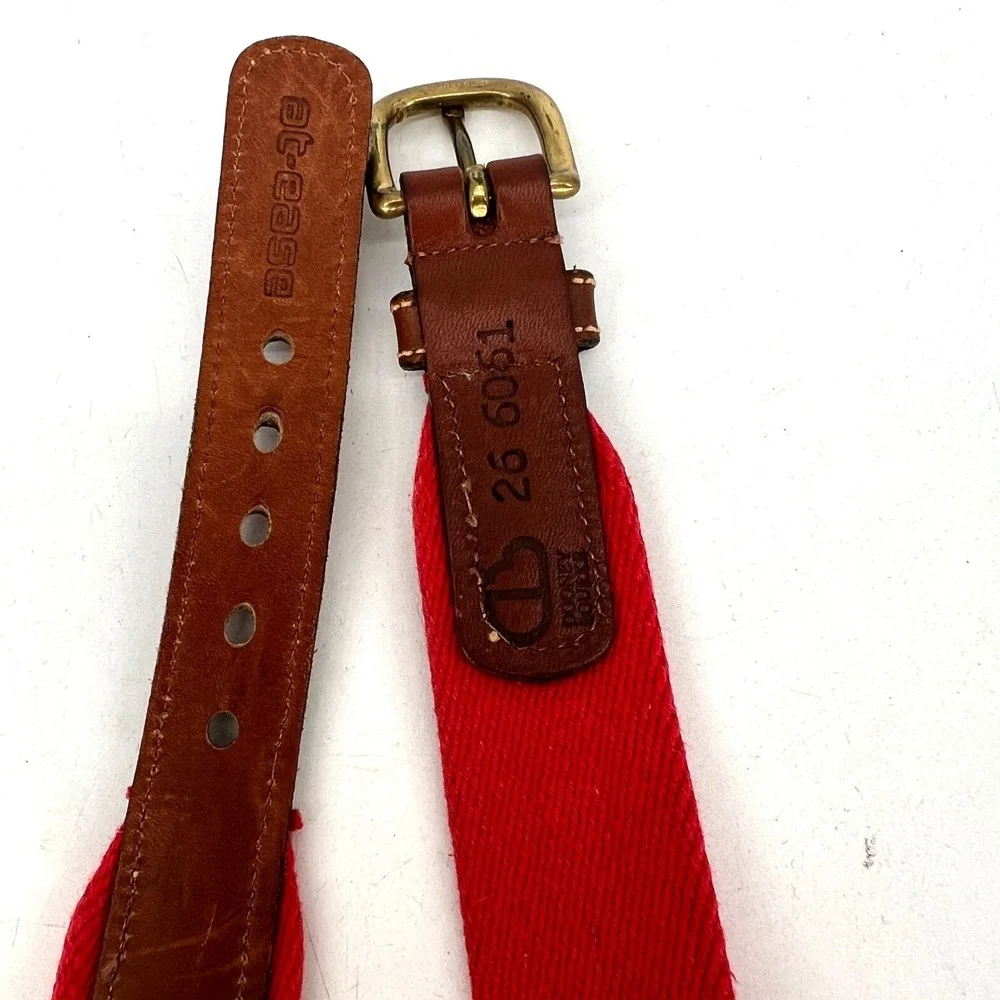 Vtg Dooney &‎ Bourke At Ease Belt Womens 26 Red Canvas Brown Leather Solid Brass